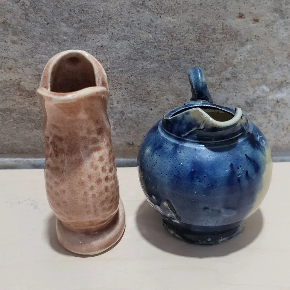 Vintage Miniature Fish Shaped Blue Round Ceramic Pitcher Jugs Set of 2